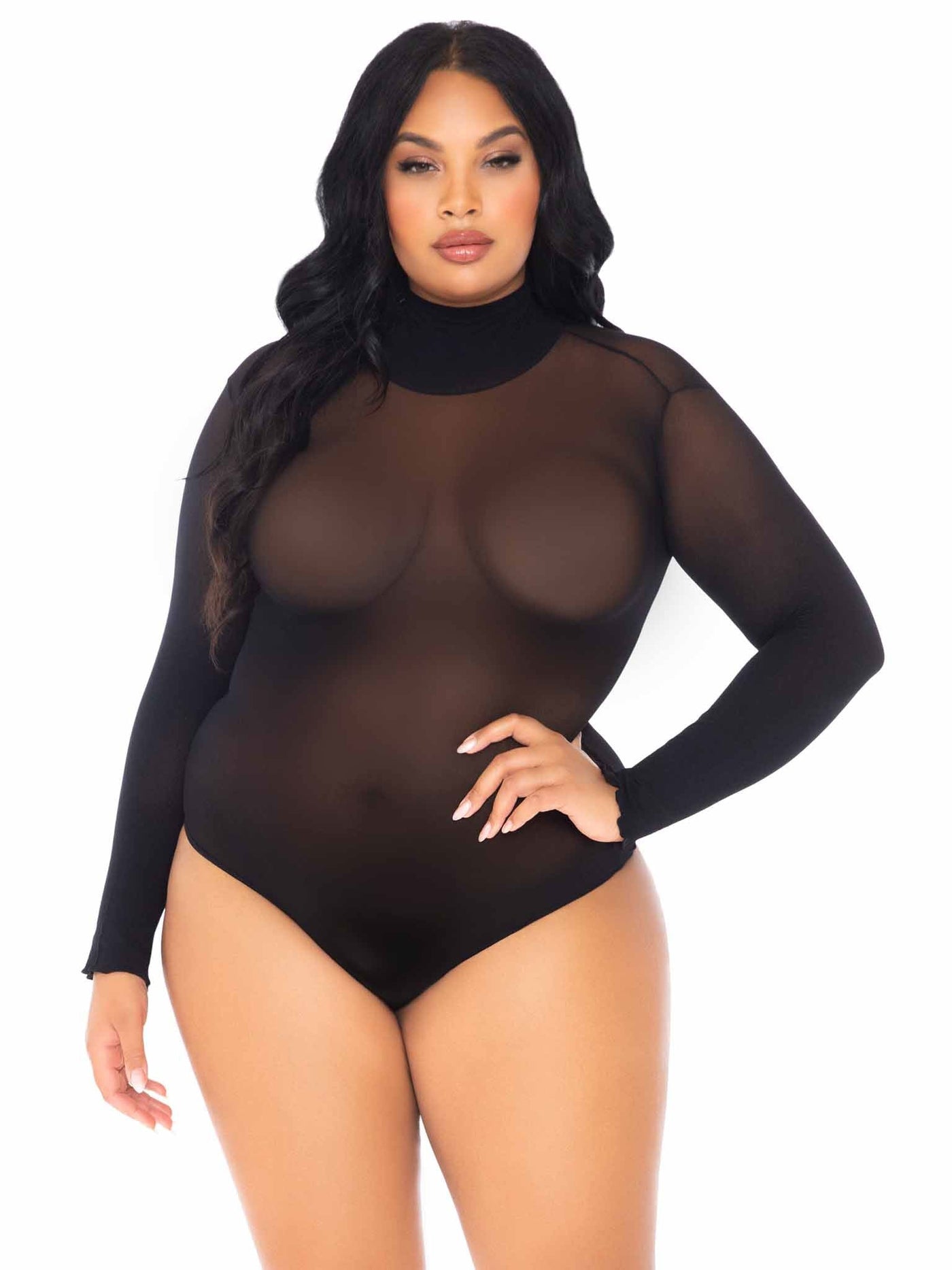 Opaque High Neck Long Sleeve Bodysuit With Snap Crotch