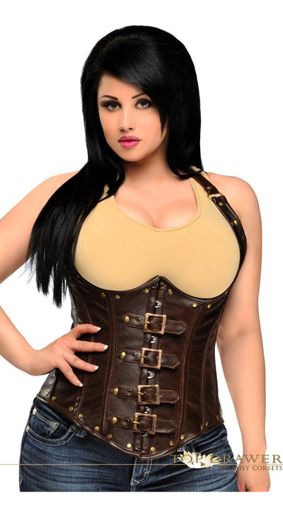 Steel Boned Distressed Faux Leather Underbust Corset Top in Brown