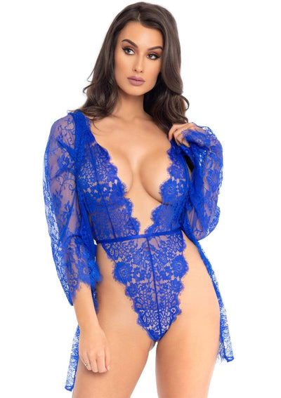 3pc Lace Teddy and Robe Set - Royal Blue - Large LA-86112RYLBLUL