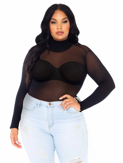 Opaque High Neck Long Sleeve Bodysuit with Snap Crotch Curvy Size